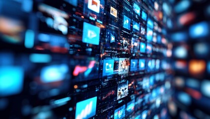 Digital media wall streaming data, glowing, futuristic backdrop