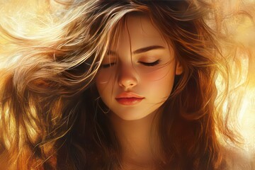 Obraz premium A soft-lit portrait of a young woman with flowing hair and a serene, peaceful look.