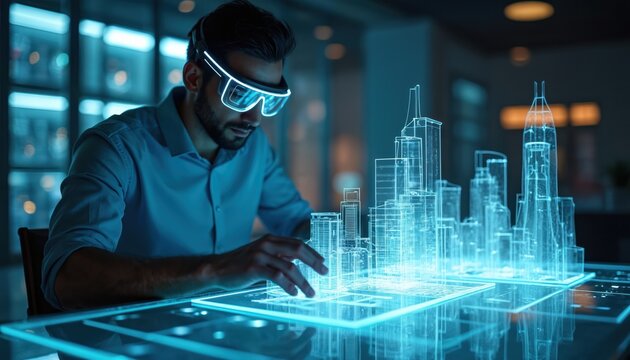 Augmented reality architect designs glowing structures in futuristic cityscape using AR glasses at night. Generative AI, engineering new building simulation model on interactive table.