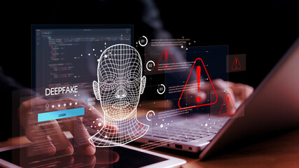 Deepfake concept ,Facial tracking, detection and recognition technology, Security system. Cyber...