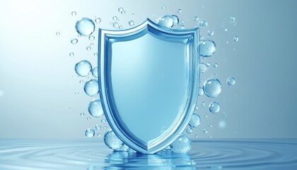 Clean water shield protection against viruses, bacteria and contamination. Water bubbles float around transparent emblem on rippled water surface. Concept of health, safety, immunity.