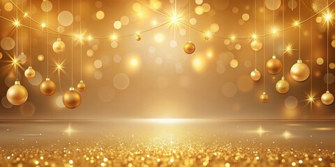 Golden Festive Background with Sparkling Ornaments and Glittering Floor