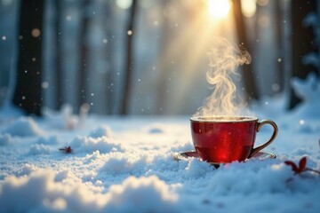 Snow-covered forest floor with steaming tea and snowflakes, nature, snow