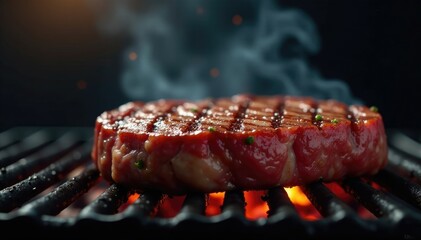 Sizzling ribeye on grill with smoky background, meat, grill