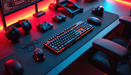 Gaming table concept with equipment and red light. Headset, keyboard, mouse, joystick. Neon futuristic computer with buttons, workspace innovation. Pro gamer setup, cyberspace with digital devices.