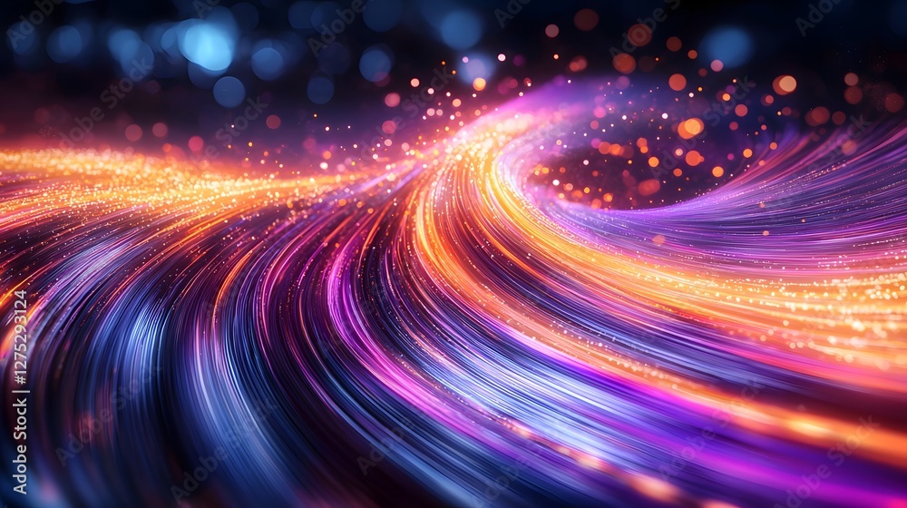 Poster An abstract high speed communication network visualization featuring glowing vibrant cables intertwined with dynamic colorful light trails radiating energy and futuristic innovation  A fractal