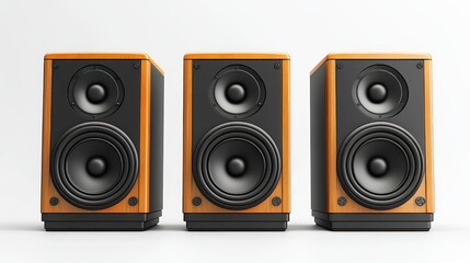 Fototapeta premium Three wooden speakers, studio setup, white background, audio system