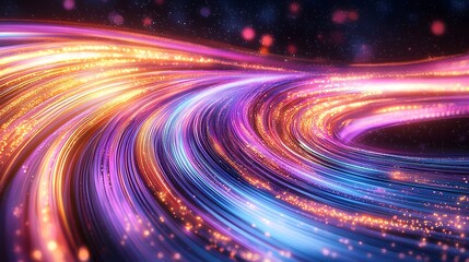 Obraz premium Visually striking abstract digital communication scene featuring dynamic fiber optic cables illuminated by colorful streaks of motion blur light trails