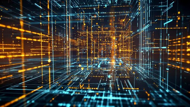 Futuristic cyberspace grid with blue and orange glowing lines and particles