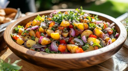 A vibrant salad featuring potatoes, vegetables, and herbs in a wooden bowl.