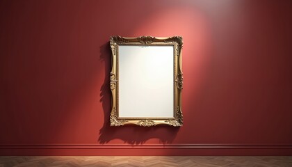 Gilded ornate frame on royal red wall at art gallery, auction house. Blank template, empty white copyspace for mockup design artwork. Exhibition master visual.