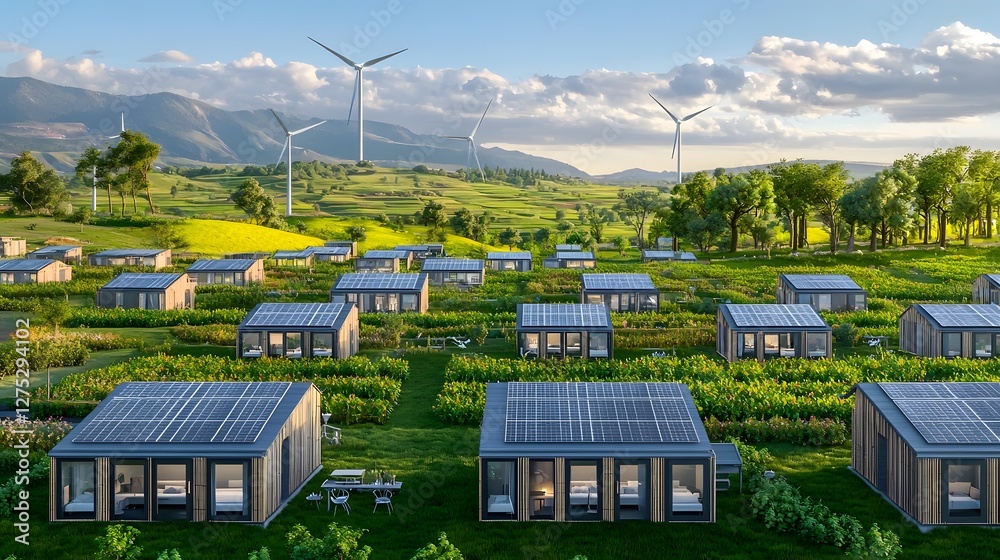 Poster a futuristic modular bamboo eco village with interconnected lightweight structures featuring solar p