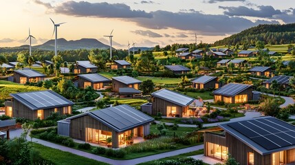 Fototapeta premium A visionary eco habitat composed of interlocking bamboo homes powered by renewable energy through solar rooftops and wind powered generators
