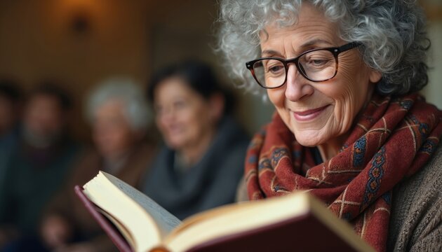 Senior woman reads book in community center club. Group of aged people discuss literature. Mature female smiles. Elderly reading group, education for seniors, happy retirement lifestyle.