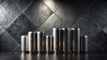 Sleek metallic beverage cans arranged on a dark surface against a textured tile backdrop, showcasing a sophisticated and minimalist product display for branding or advertising purposes.