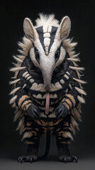 Mysterious hybrid creature combining the distinctive stripes of a zebra with the elongated snout of an anteater, showcased in dramatic studio lighting against a dark background with intricate fur text
