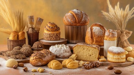 Assorted freshly baked breads and pastries arranged on a rustic table with wheat in the background