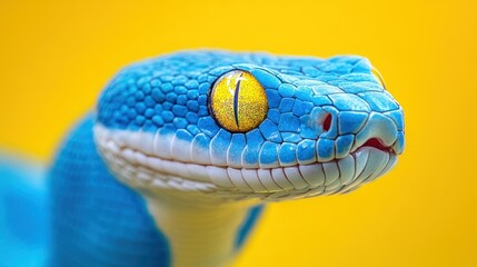 Fototapeta premium Blue snake portrait, yellow background, close-up, reptile