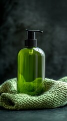 Green bottle of hand soap on a dark surface