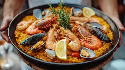 A vibrant seafood paella garnished with lemon and herbs, served in a rustic pan.