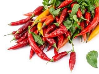 Bright red fresh chilies arranged on a white background with a plain white frame, red chilies, organic