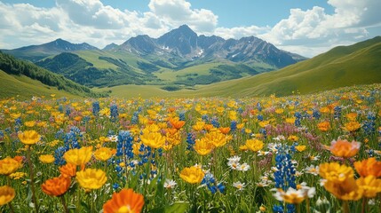 Fototapeta premium Colorful alpine meadow with mountains