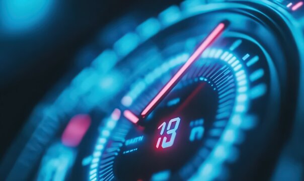 Close up View of a Digital Speedometer Displaying 18, Illuminated in Blue and Pink