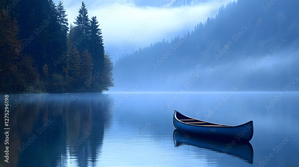 Poster a serene blue lake reflects misty trees and a lone canoe, creating a tranquil and peaceful atmospher