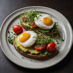 "A beautifully plated avocado toast with poached eggs, cherry tomatoes, and microgreens on artisan bread."