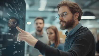 Focused Businessman Interacting with Digital Data Screen in Modern Office