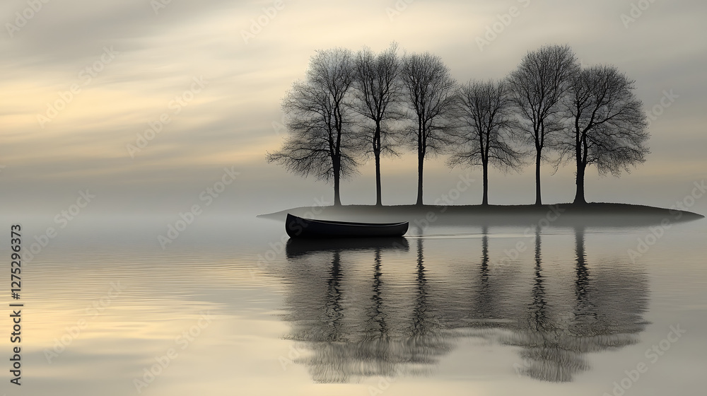 Poster a serene landscape featuring a small boat near a group of trees reflected in calm water under a soft