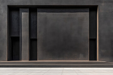 Modern black wall structure with geometric recesses in urban environment