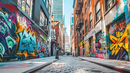 Fototapeta premium A vibrant urban street scene with colorful graffiti art on buildings 