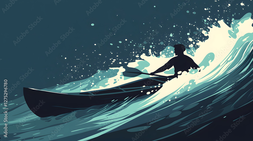 Poster A silhouette of a kayaker navigating through energetic waves, creating a dynamic scene with splashes and motion against a dark background
