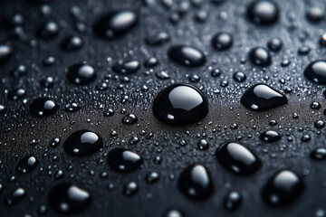 Close-up of water droplets on a dark surface, creating a mesmerizing and reflective pattern.
