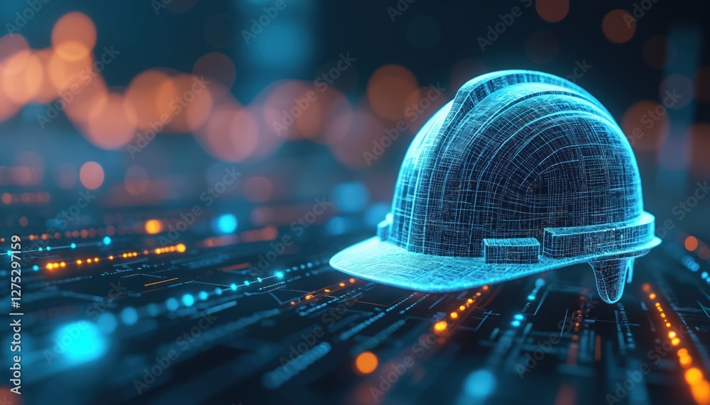 Poster digital construction helmet floats over abstract futuristic background with glowing data points, lin