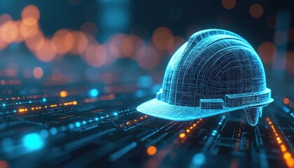 Digital construction helmet floats over abstract futuristic background with glowing data points, lines representing flow of information in engineering design. Safety and technology integration.
