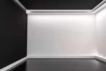Minimalist black and white room with modern lighting and clean lines.