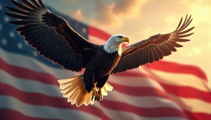 Obraz premium Majestic bald eagle flies against blurred USA flag. National symbol embodies strength, freedom. Patriotic digital art for Independence Day, Veteran Day. Sky with dramatic light.