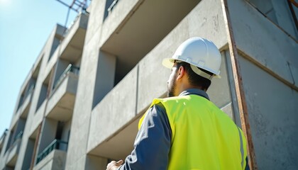 Engineer inspects precast concrete panels installation on residential building facade. Construction worker oversees high rise building construction project, ensures quality, durability, safety.