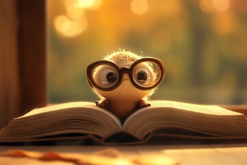 A tiny bookworm with big glasses, eagerly turning the pages of a book, completely focused on the adventure inside.
