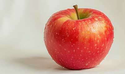Eye Level Closeup of a Red Apple Speckled with Water Droplets on a White Surface