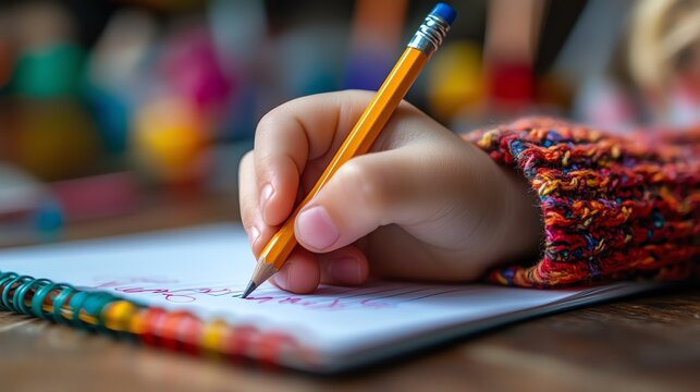 A behindtheview perspective of a child s hand gripping a pencil and writing on a notebook, with a creative and educational workspace backdrop