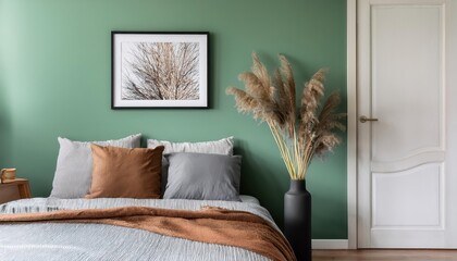 Sage Green Wall Showcases Portrait Black Picture Frame Mockup Amidst Cozy Bedroom Ambiance and Serene Outdoor Scene, Capturing an Intimate Moment of Tranquility and Elegance.