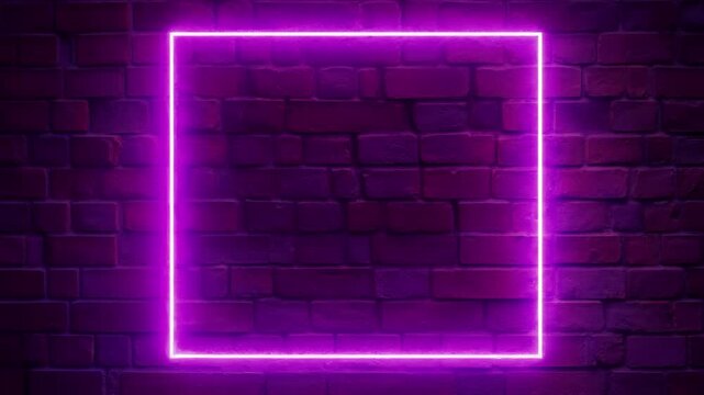 A purple pink square is lit up against a brick wall background. The wall is made of bricks and has a rough texture. The color of the light neon is pink purple, and it gives a sense of depth and myster