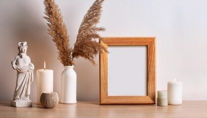 Striking Empty Wooden Frame Mockup with Dried Pampas Grass, Small Statue, and Candles in a Minimalist Setting, Radiating Tranquility and Serene Beauty