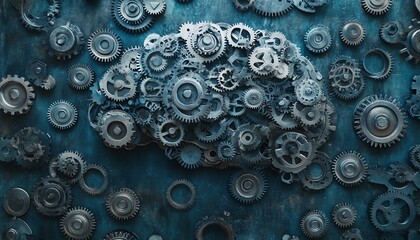 A futuristic human brain formed from spinning gears, illustrating the inner workings of the mind and thought processes at work