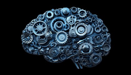 Obraz premium A futuristic human brain formed from spinning gears, illustrating the inner workings of the mind and thought processes at work