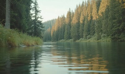 Serene River Flowing Through a Lush Green Forest at Sunset
