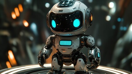 Fototapeta premium Cute robot, futuristic factory, glowing lights